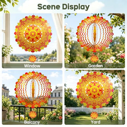 Mandala Wind Spinner 12 Inch, IDEA SHOW 3D Kinetic Metal Sun Wind Spinners for Yard and Garden, Stainless Steel Hanging Boho Outdoor Decor Art with Mini Pendant, Zen Gardening Gifts for Women - size: MandalaSunflower