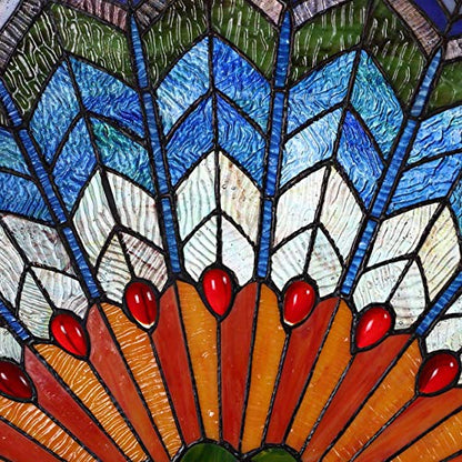 Bieye W10034 Blue Peacock Feather Tiffany Style Stained Glass Window Panel - size: 36Wx18H Half-round