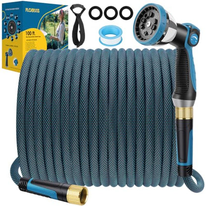 Non-Expandable Garden Hose 100 FT, Lightweight Hose with 10 Function Spray Nozzle, Kink-Free Flexible Water Hose, Durable, Leak-Proof, 360° Swivel Connectors, Portable Storage Strap