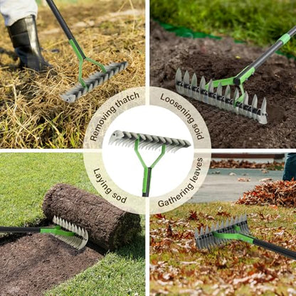 Thatch Rake, 13" Wide Efficient Dethatcher Rake with 70" Adjustable Long Handle, Heavy Duty Steel Metal Dethatching Rakes for Cleaning Dead Grass, Loosening Soil, Lawn Care in Yard Garden - size: 70"