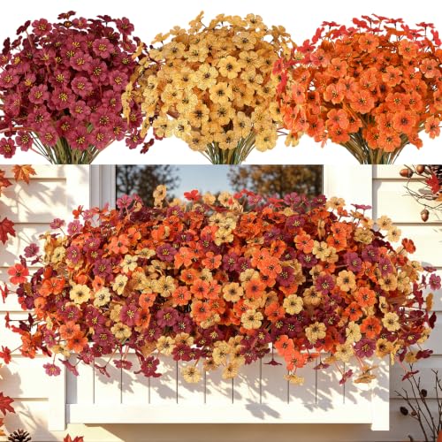 AmyHomie 20 PCS Artificial Fall Flowers for Outdoors, Orange Fake Mums - color: Brown Orange Yellow, size: 20
