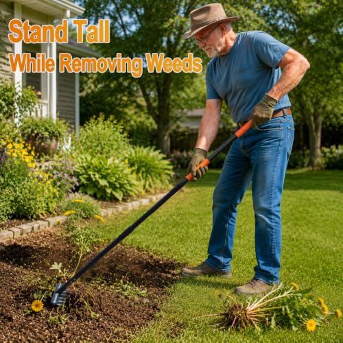 6-Tine Dual-Blade Weed Rake , 35-65" Ergonomic No-Bend Iron Weeding Rake