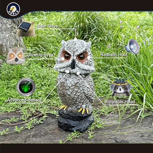 Solar Powered Owl with Motion Detection, Silent Mode, Flashing Eyes, Rotatable Head and Realistic Hoots, Plastic Owl Decoration for Home, Garden, Patio and Fence