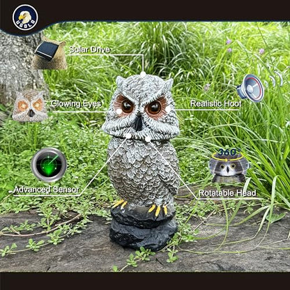 Solar Powered Owl with Motion Detection, Silent Mode, Flashing Eyes, Rotatable Head and Realistic Hoots, Plastic Owl Decoration for Home, Garden, Patio and Fence