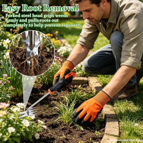 Weed Puller Tool with Gardening Gloves, Hand Weeding Tool Garden Weeder with Stainless Steel Claw & Rubber Handle, Portable Weed Remover for Lawn Yard Vegetable Garden Backyard Farm