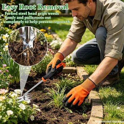 Weed Puller Tool with Gardening Gloves, Hand Weeding Tool Garden Weeder with Stainless Steel Claw & Rubber Handle, Portable Weed Remover for Lawn Yard Vegetable Garden Backyard Farm