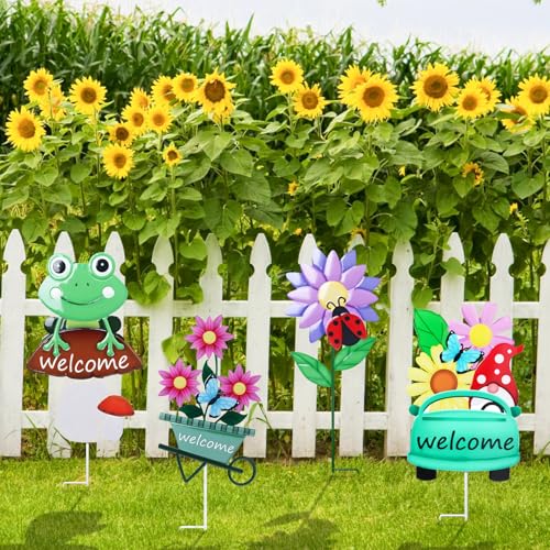 WONDER GARDEN Outdoor Garden Stakes Welcome Decor, 4Pcs Flower Yard Signs - color: Multicolor