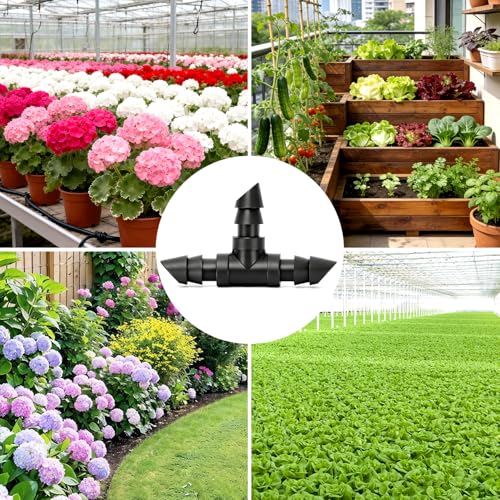 100 Pack 1/4" Drip Irrigation Tee Fittings：1/4'' Drip Line Double Barbed Tee Connectors for 1/4 Inch Irrigation Tubing Quarter Inch 3-Way T Connector for Irrigation System - size: 1/4" Tee-100P