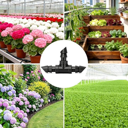 100 Pack 1/4" Drip Irrigation Tee Fittings：1/4'' Drip Line Double Barbed Tee Connectors for 1/4 Inch Irrigation Tubing Quarter Inch 3-Way T Connector for Irrigation System - size: 1/4" Tee-100P