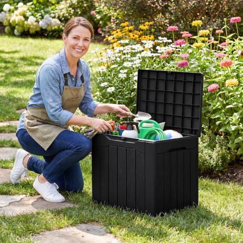 Flamaker Deck Box 30 Gallon, Waterproof Resin Small Storage Box with Lid - color: Black, size: 30 Gallon