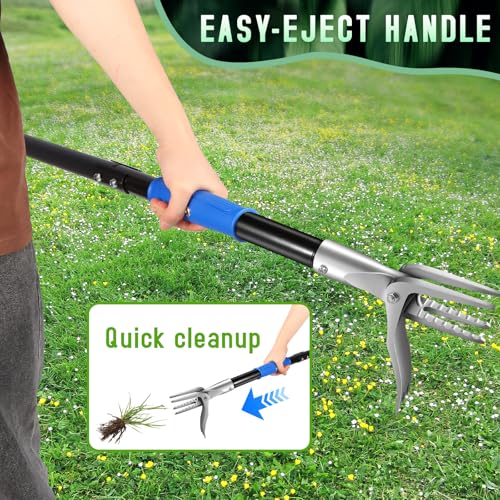 50” weed puller tool for Dandelion,Stand Up Weed puller With Easy-Eject Handle, Weeding Tool with 4 Steel Claw ,Wider Foot Platform Penetrate Tough Soil, weeder Without Bending, Pulling,kneeling