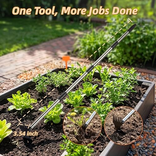 Weed Puller Tool with Long Handle, 2 in 1 Weed Rake and Garden Hoe, Heavy Duty Steel Manual Weeder for Yard, Lawn and Garden, 61 Inch(WP-01)