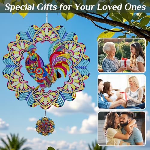 12 Inch Rooster Hanging Wind Spinners, 3D Kinetic Metal Wind Spinner - color: Red & Yellow