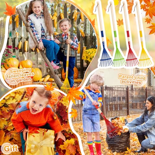 4 Pcs Kids Rake Small 27inch Wood Handle Leaf Rake with Colorful Metal Tine
