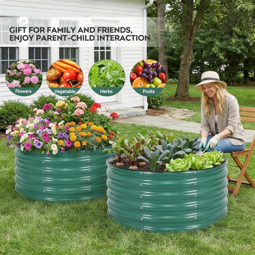 Galvanized Raised Garden Bed,2 PCS 3x3x1.4ft Round Planter LotusGreen - color: Lotusgreen, size: 3x3x1.4ft