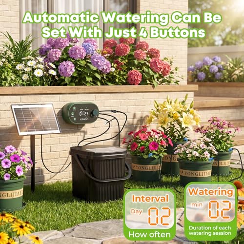 Solar Drip Irrigation System Kit, Auto Plant Waterer for 15 Pots - color: 307 + 1 bucket + 10 flowerpots