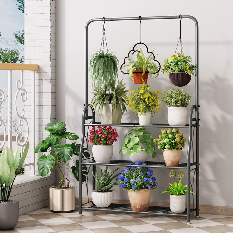 SORCEDAS Plant Stand Outdoor Indoor 3 Tier Metal with Hanging - size: 3 Tier With Hanging-Dark Grey
