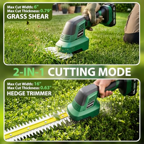 Cordless Hedge Trimmer 20V, 16" Shrub Trimmer & 6" Grass Shears, Electric Hedge Trimmer with 2 PCS Batteries & SK5 Blades for Garden, Bushes, Lawn