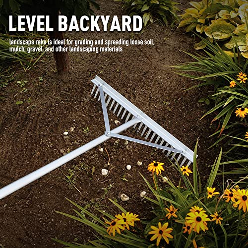 Colwelt Landscape Rake - 24Tines, Aluminum Head with 68" Handle, 24" Width for Beach & Lawn Care