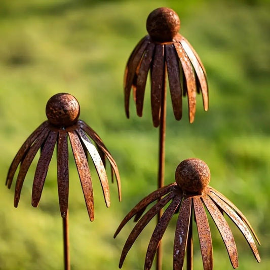Rustic Metal Coneflower Garden Stakes, Set of 3, Rusted Iron Daisy Yard Art, 30.71x5.12 Inch, Weather-Resistant Lawn Pathway, Patio Decor (Bronze) - color: Bronze