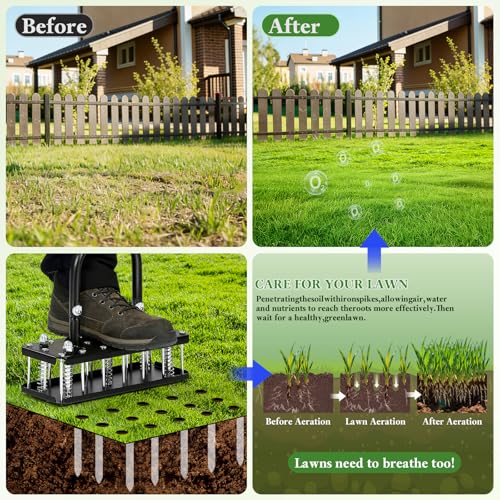 Lawn Aerator, 21 Metal Spikes, Auto Clean, Ergonomic for Yard Garden
