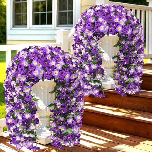 Artificial Hanging Flowers for Outdoors, 4PCS Morning Glory Faux Silk Vines - color: Lightpurple