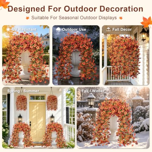 Artificial Hanging Flowers for Outdoors, 2 PCS 344-Bloom UV Resistant Mums - color: Orange Burgundy Gradient