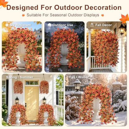 Artificial Hanging Flowers for Outdoors, 2 PCS 344-Bloom UV Resistant Mums - color: Orange Burgundy Gradient