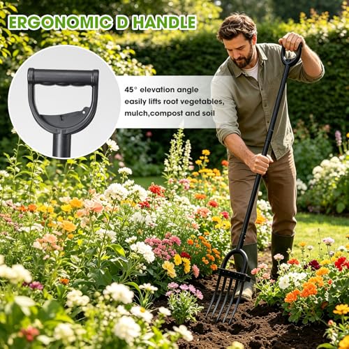 Broad Fork Garden Tool, 55" Heavy Duty 5 Sharp Tines BroadFork Hand Tiller Garden Pitchfork with Ergonomic Handles for Spading Digging Fork - size: Broad Fork 55Inch
