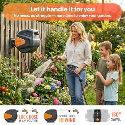 Ayleid Retractable Rubber Hybrid Garden Hose Reel, 1/2"x65ft Wall Mount - color: Deep Black, size: 65FT