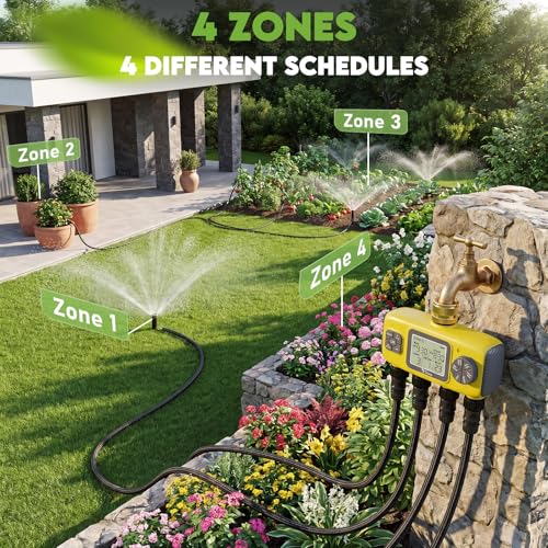 4 Zone Water Timer for Garden Hose, 4 Outlets Sprinkler Timer Kit