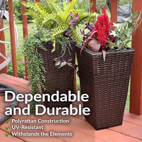 Sunnydaze 20" Square Tall Wicker Outdoor Planter, Brown, 2pk - color: Brown, size: 20 in