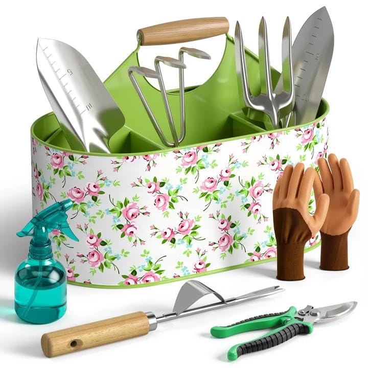 9-Piece Garden Tool Set with Stainless Steel Tools & Metal Basket - color: Light Green
