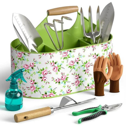 9-Piece Garden Tool Set with Stainless Steel Tools & Metal Basket - color: Light Green