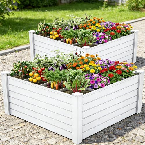 YITAHOME 48x48x24 in Plastic Raised Garden Bed 2pcs with Growth Grid, Large Outdoor Vinyl Planter Box for Plants, Vegetables, and Flowers, Easy Installation, White - color: White, size: 48x48x24 in