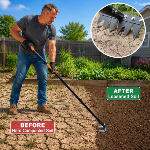 6-Tine Dual-Blade Weed Rake , 35-65" Ergonomic No-Bend Iron Weeding Rake