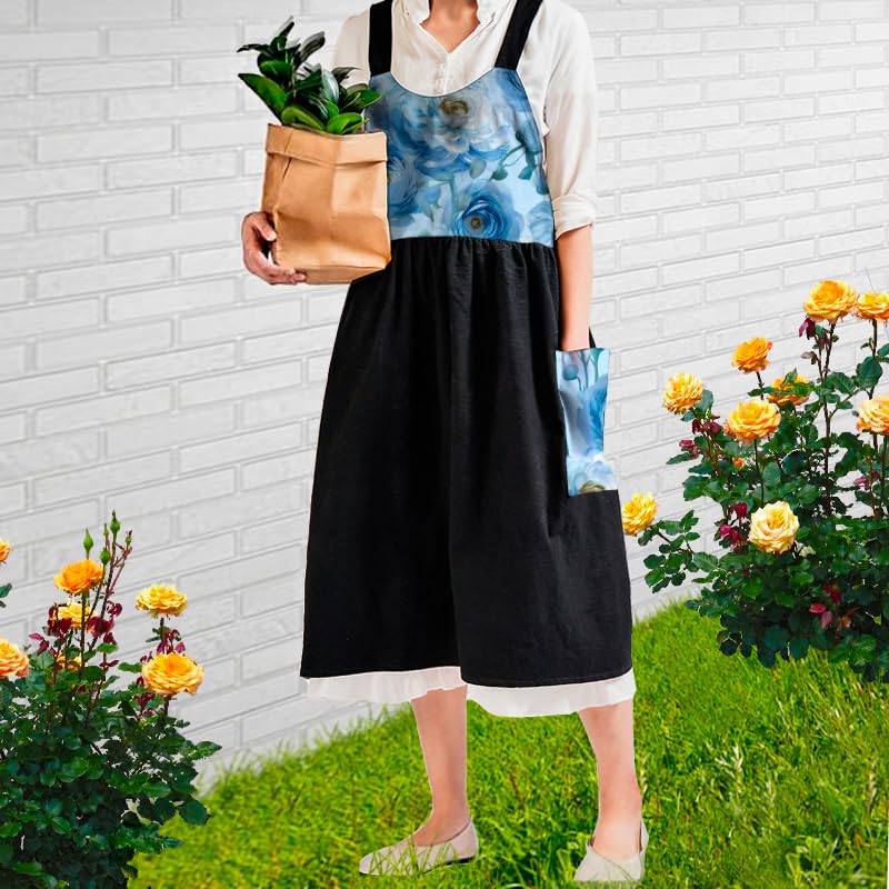 Cotton Linen Apron Cross Back Apron for Women with Pockets Pinafore Dress - color: Flora Black