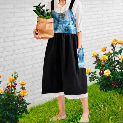 Cotton Linen Apron Cross Back Apron for Women with Pockets Pinafore Dress - color: Flora Black