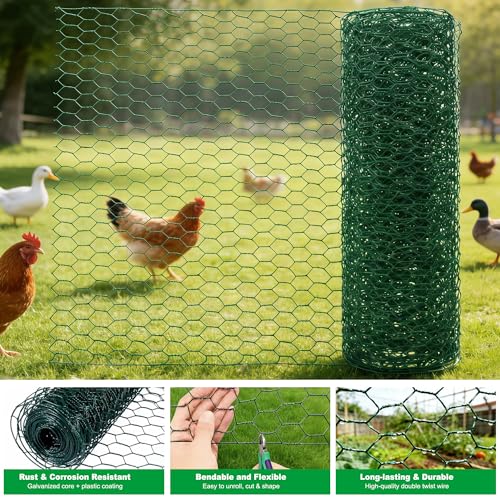 Wire for Floral Arrangements, Green Mesh, 0.6 Inch Hexagonal Galvanized PVC Coated Netting Fence for Crafts, Poultry (16 in x 26 ft) - size: 16 in x 26 ft