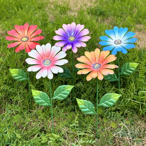 5-Pack Metal Flowers for Outside, 16.5" Decorative Garden Stakes - color: 5flowers-colorful