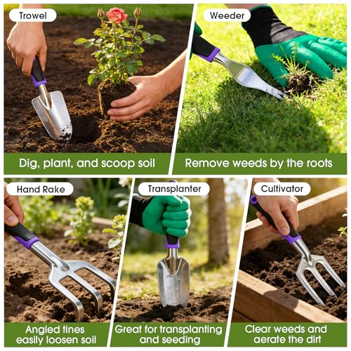 WOWBOX Garden Tools Set, 10 PCS Heavy Duty Gardening Hand Tools Kit, Purple - style: Black Purple