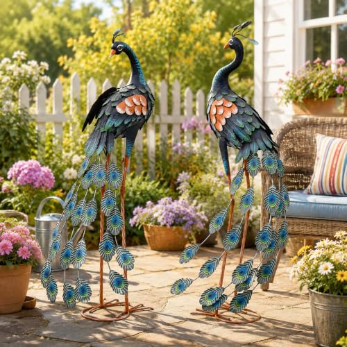 36" Peacock Garden Decor Set of 2, Large Outdoor Metal Yard Art - color: 36" -Retro Blue Peacock