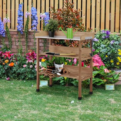 Yaheetech Potting Bench Outdoor Console Table w/3-Tier Storage,Brown - color: Brown