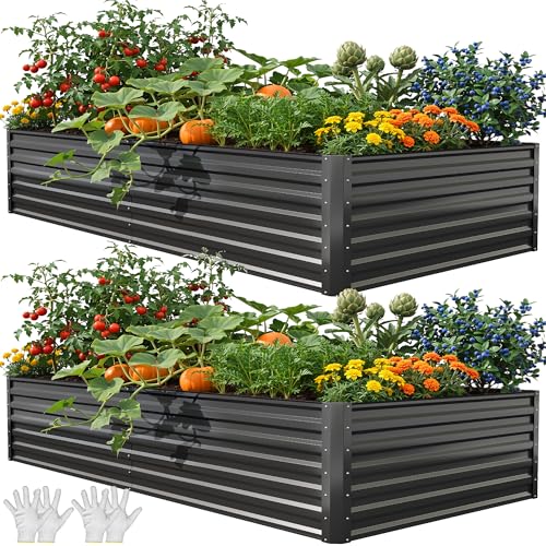 YITAHOME 2pcs 8x4x1.5ft Galvanized Raised Garden Bed, Metal Planter Box with Safety Rubber, Gloves, Outdoor Flower Bed for Planting Plants Vegetabless, Black - color: Black, size: 8x4x1.5ft 2pcs