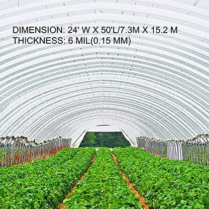 VEVOR Greenhouse Plastic Sheeting 24 x 50 ft, 6 Mil Thickness UV Resistant Clear Polyethylene Film, Hoop Green House Cover for Farms, Agriculture, Garden - size: 24 x 50 ft