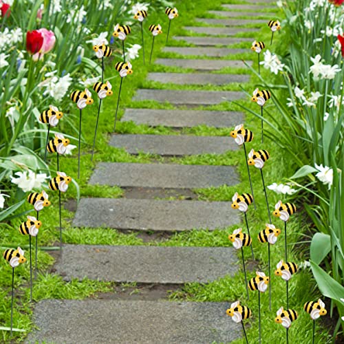 10Pcs Bee Garden Stakes Decor Metal Yard Art Ornaments Front Yard Art Stick Floral Picks Spring Summer Resin Bumble Bees Garden Stakes Outdoor Lawn Pathway Patio Plant Pot, Flower Bed Yellow