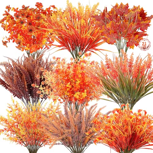 21 Bundles 9 Styles Artificial Fall Flowers for Outdoors Fall Decorations - color: Orange