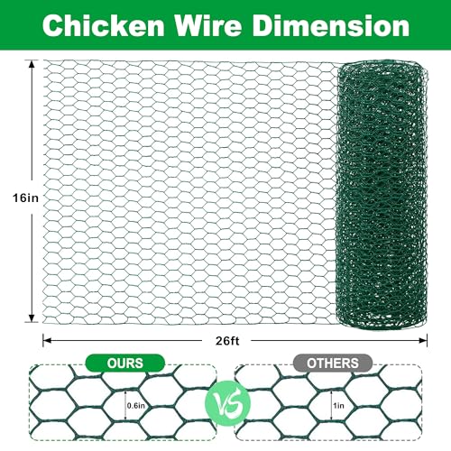 Wire for Floral Arrangements, Green Mesh, 0.6 Inch Hexagonal Galvanized PVC Coated Netting Fence for Crafts, Poultry (16 in x 26 ft) - size: 16 in x 26 ft