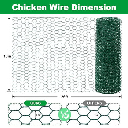 Wire for Floral Arrangements, Green Mesh, 0.6 Inch Hexagonal Galvanized PVC Coated Netting Fence for Crafts, Poultry (16 in x 26 ft) - size: 16 in x 26 ft