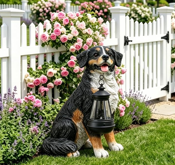 Dog Garden Statue, Bernese Mountain Dog Statue Holding Lantern Yard Art - style: Bernese Mountain Dog